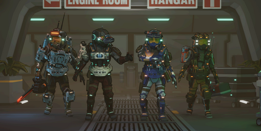 Four 3D characters standing together from the short film The Engine 