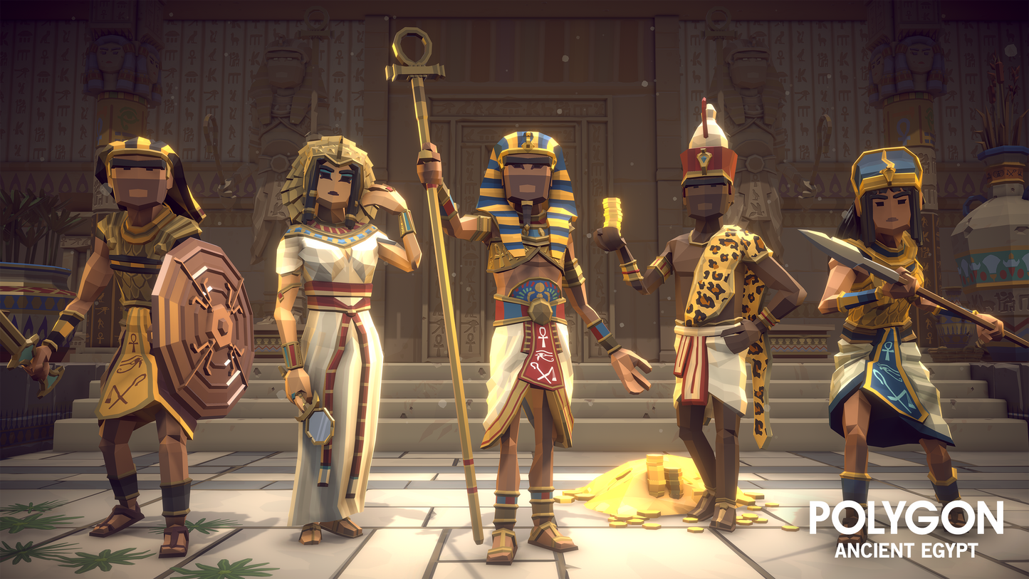 Ancient Egyptian 3D character assets including a Pharaoh, Queen, Priest and Guards