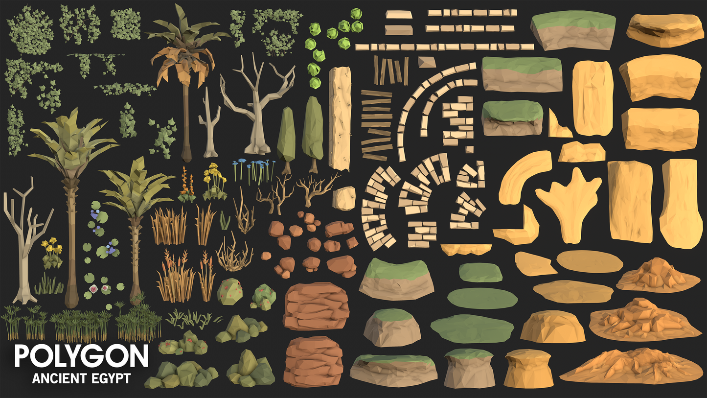 Ancient Egyptian environment 3D textures and props including shrubs, trees, roots, rocks, clay and grass