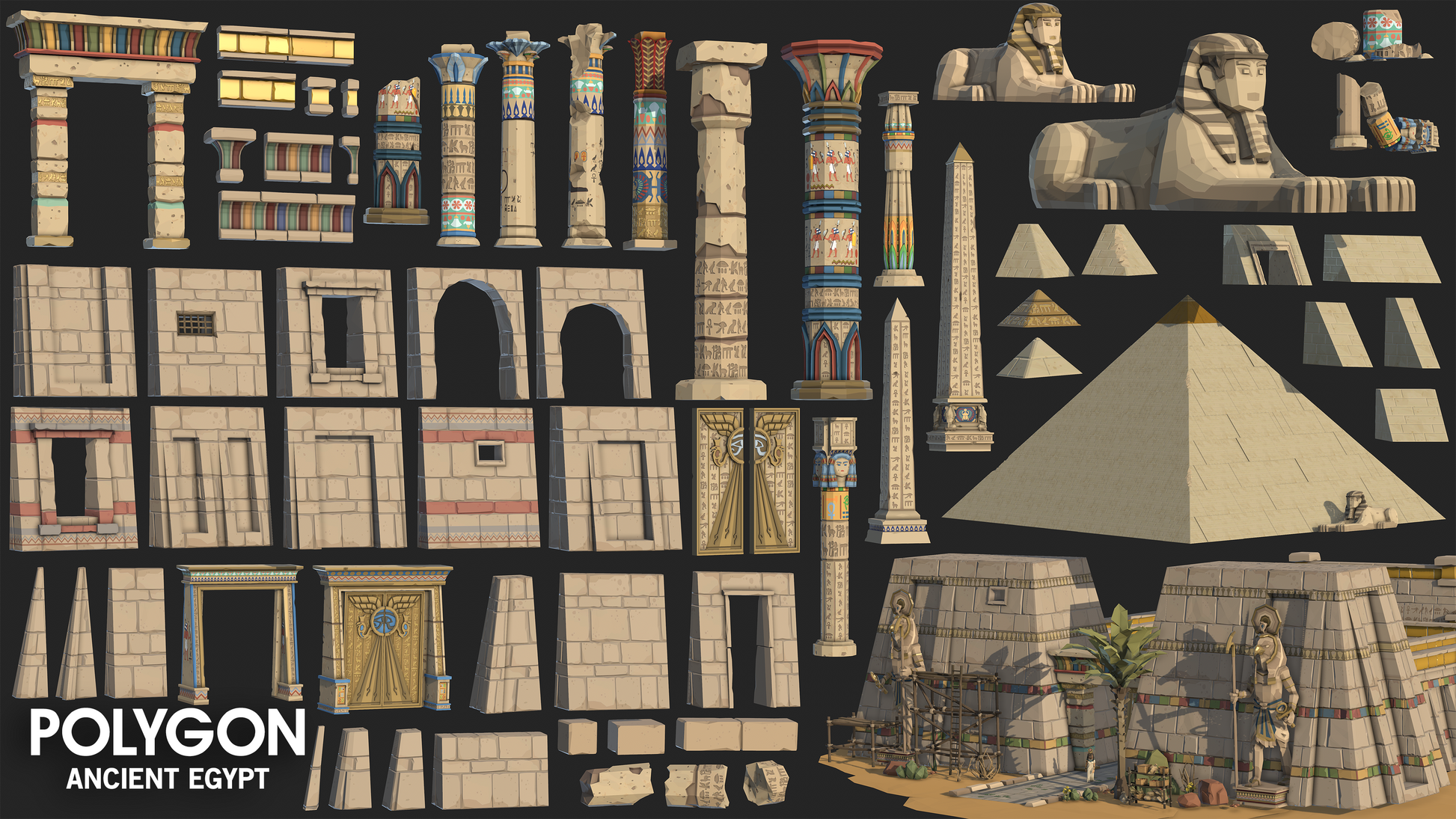 Modular temple, building, and pyramid sets, Ornate Pillars, Obelisks and Sphinxes