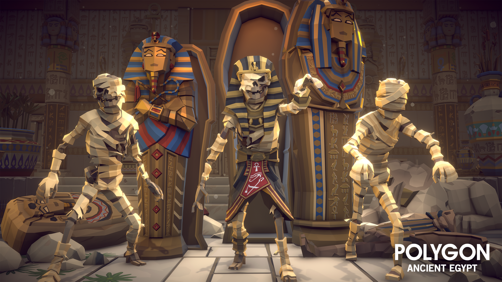 Egyptian mummies and sarcophagi 3D game assets