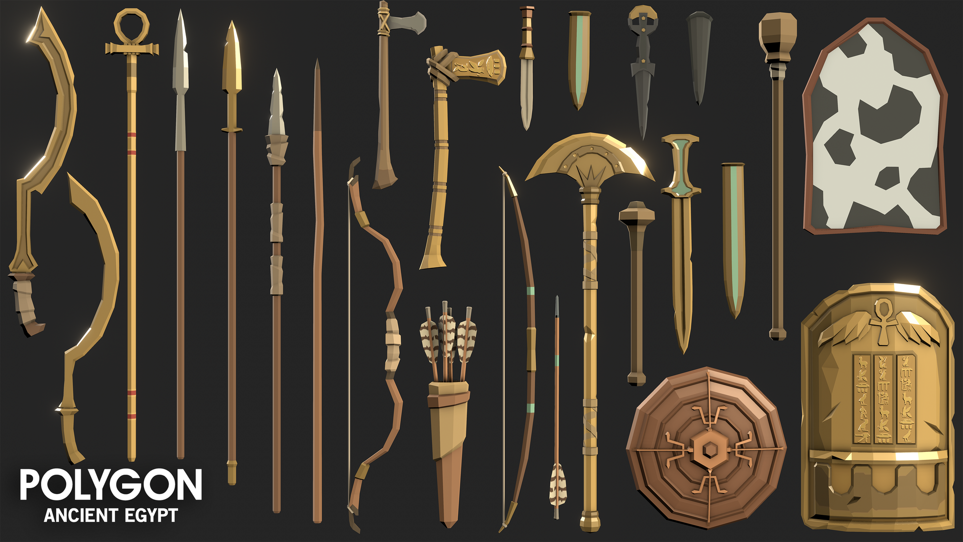 Ancient Egyptian 3D game weapon assets including spears, shields, knives and cudgels