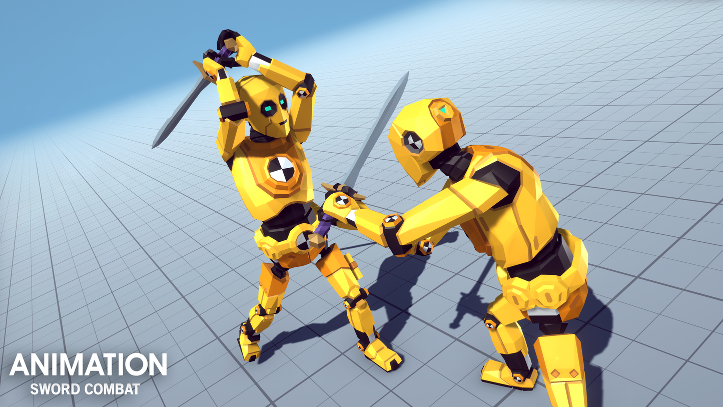 Two animated figure files performing a sowrd attack and defend animation