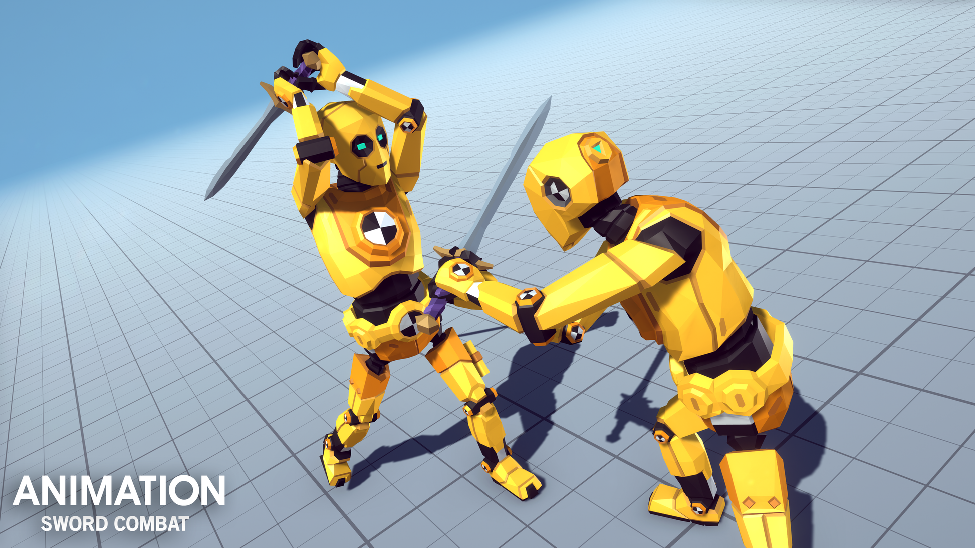 Two animated figure files performing a sowrd attack and defend animation