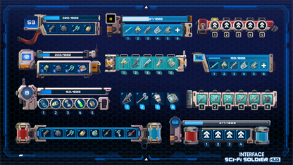 Character menu interface and counter sprite examples from the INTERFACE Sci-Fi Soldier HUD 3D game asset pack