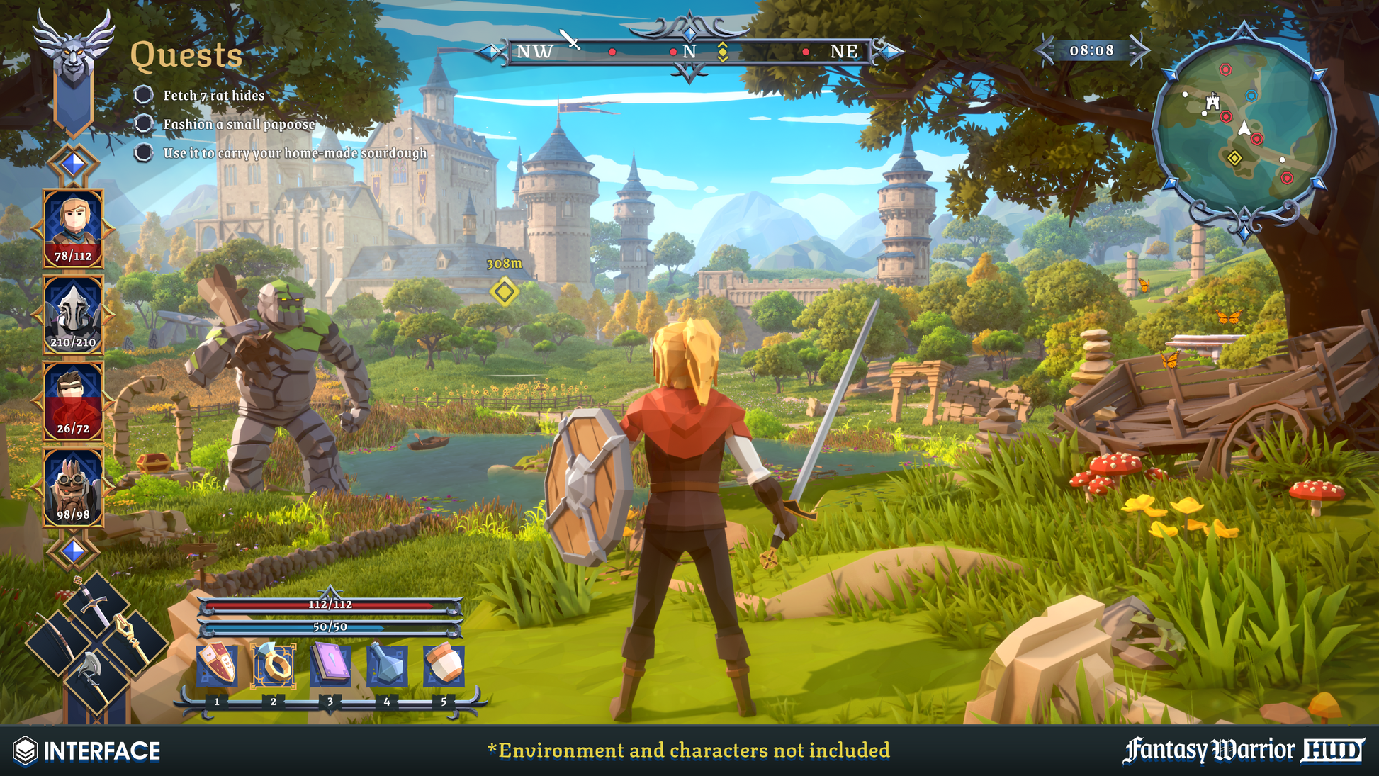 Adventure character holding a sword and shield is looking at a castle with giant stone troll approaching them from a meadow and the  game features premade HUD components from the Fantasy Warrior HUD pack