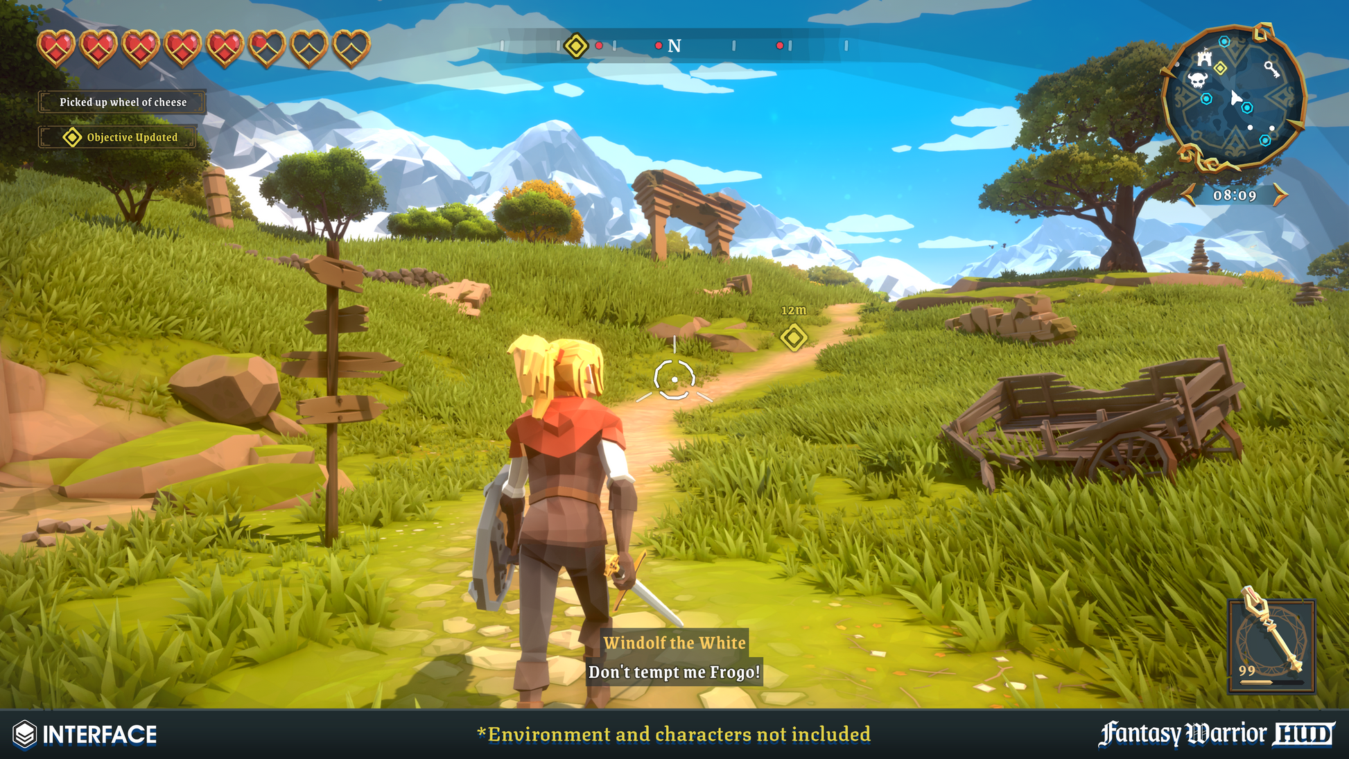 A fantasy warrior character walking up a hill following a quest marker and there are premade HUD components from the Fantasy Warrior HUD pack on the screen