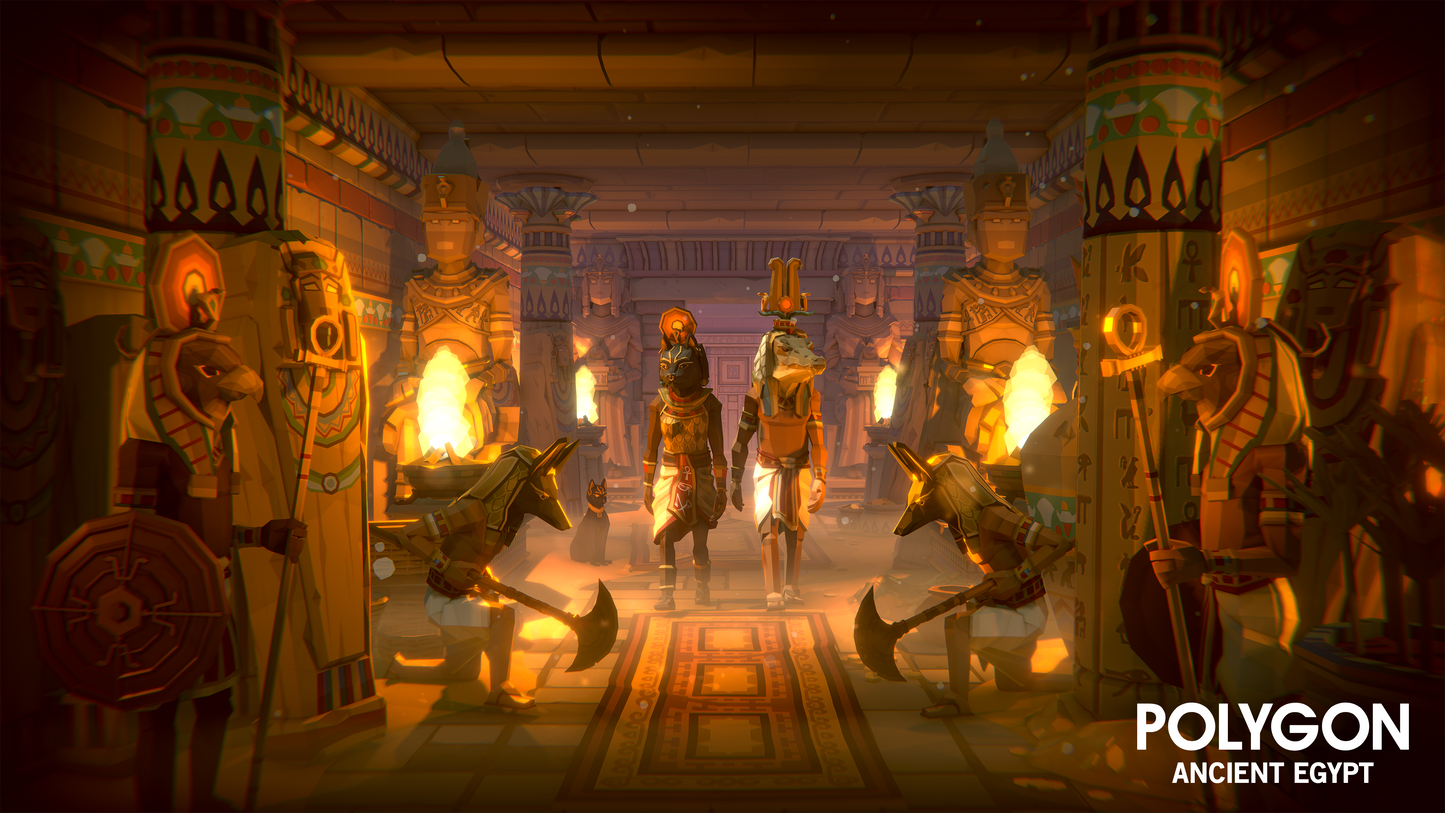 Interior of an ancient Egyptian temple with a Pharaoh and Queen walking down a corrider and guards are bowing as they approach