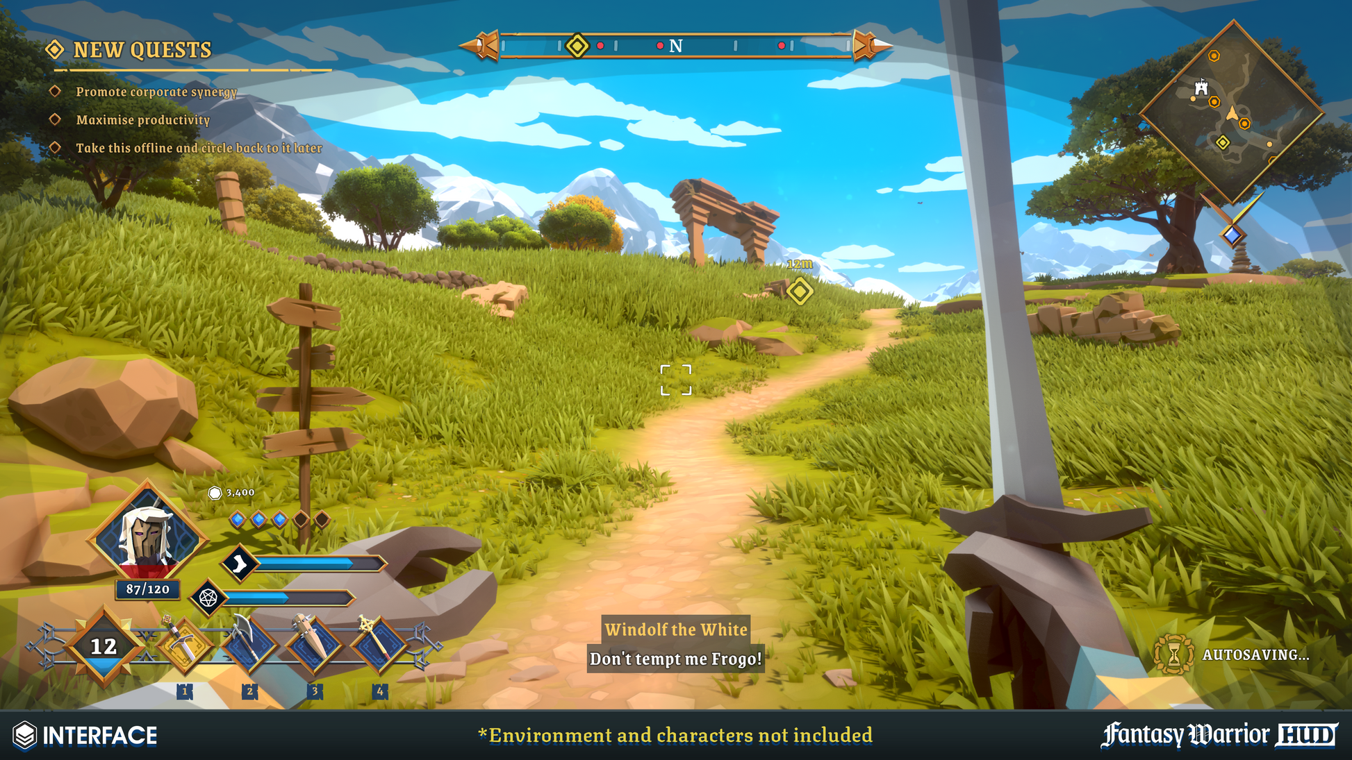 First person character view game demo with subtitles, quest notifications and health bar HUD elements on the screen