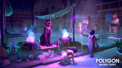 A woman bowing down to an Egyptian priestess holding a magical staff surrounded by cat statues in an ancient temple