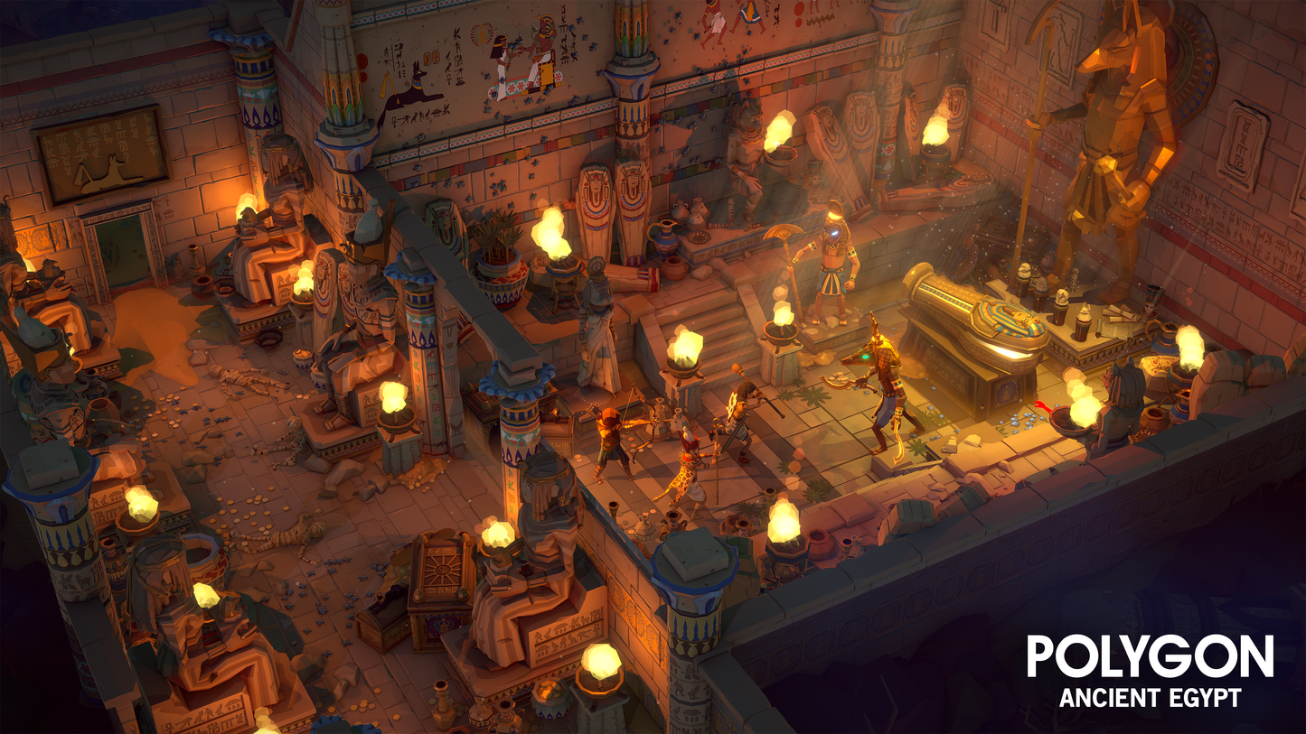 Aerial view of an ancient Egyptian dungeon and three characters are fighting their way through temple guards blocking their way