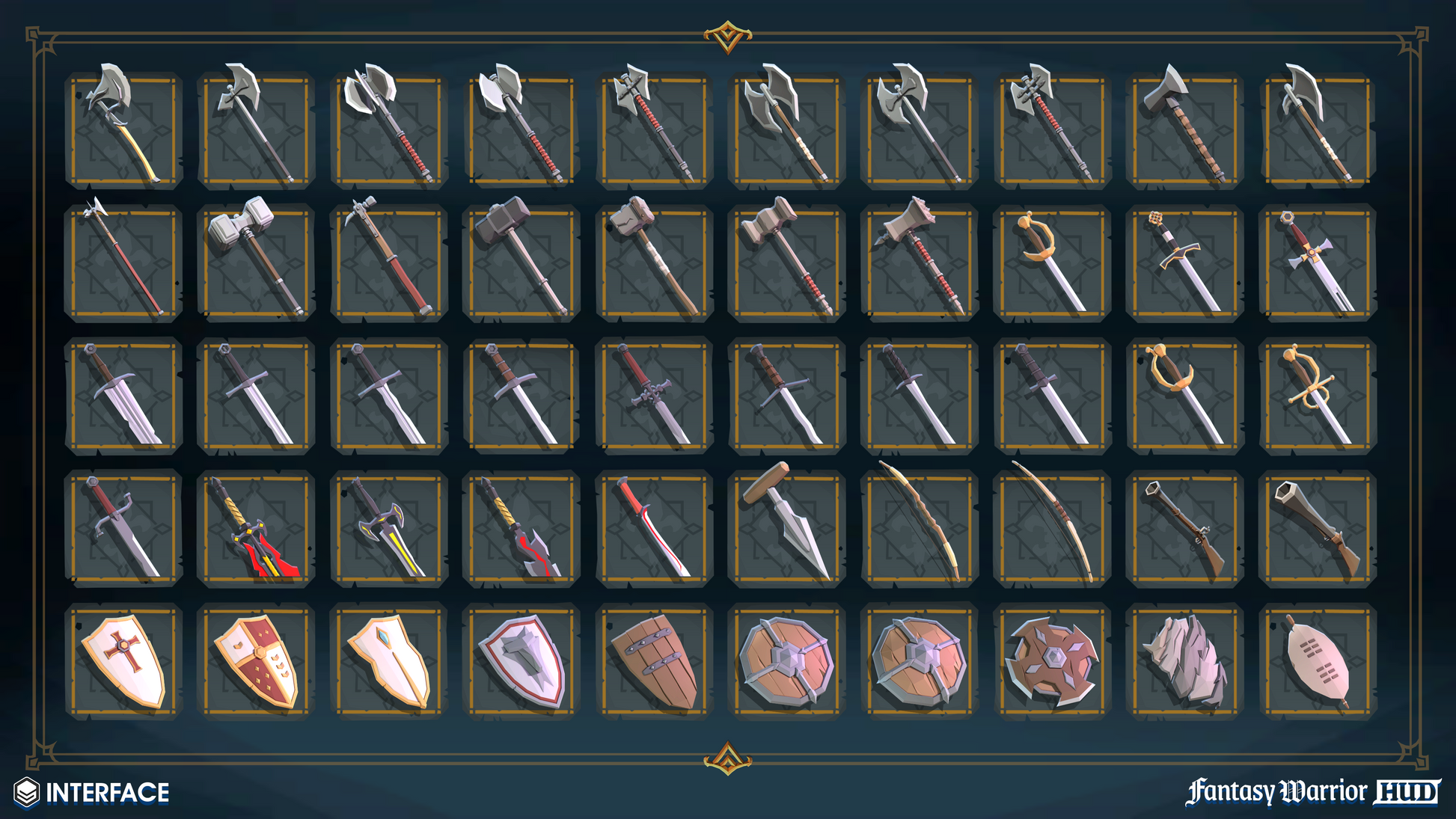 Weapon icons for fantasy game HUD and UI