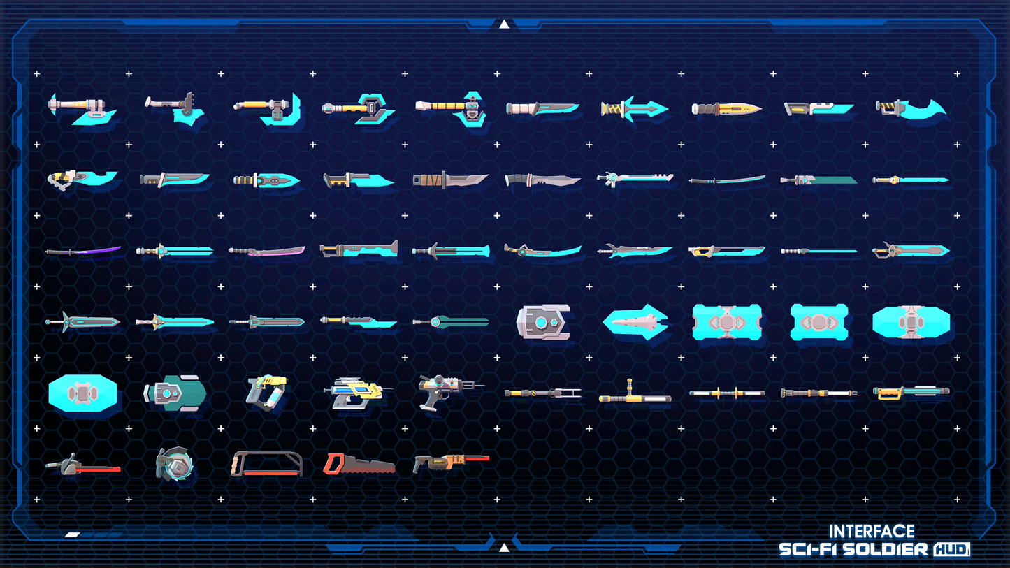 Melee weapon and tool icons from the INTERFACE Sci-Fi Soldier HUD 3D game asset pack