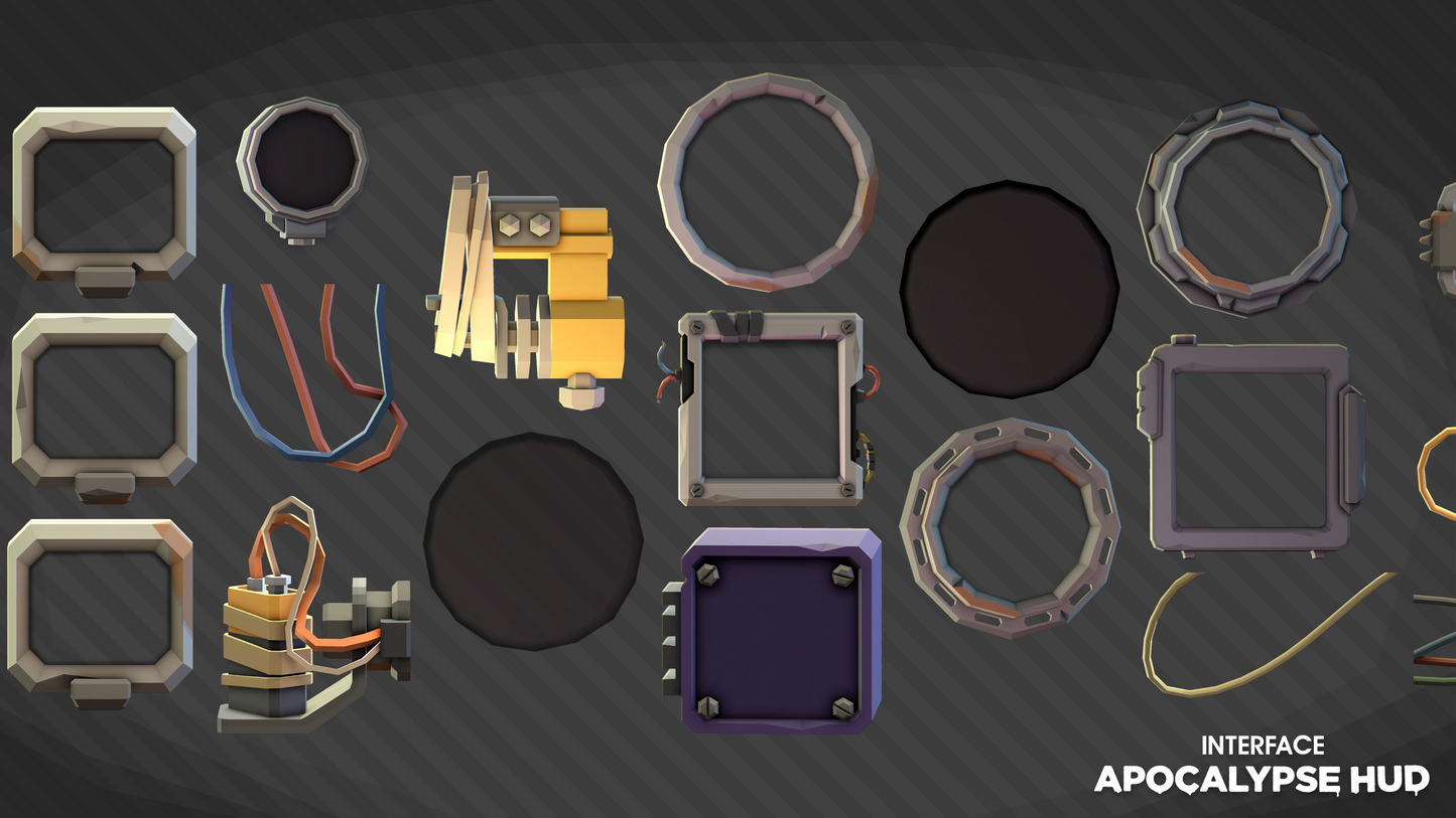 INTERFACE Apocalypse HUD UI asset pack displaying frame part sprites for game design