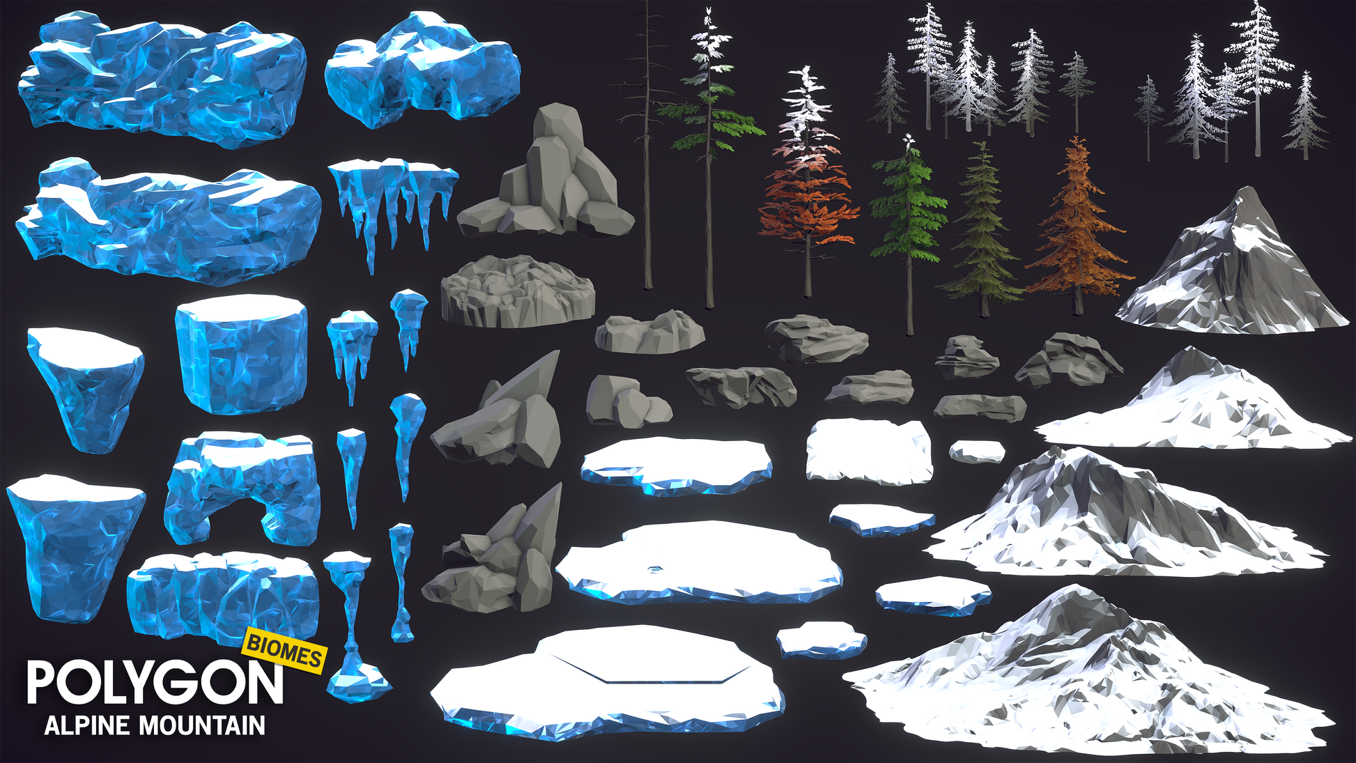 Ice, rock, tree and mountain assets from the POLYGON Alpine Mountain 3D pack