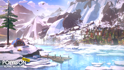 A tent and fire with some houses in the background seperated by a lake in a snowy mountain setting built with  POLYGON Alpine Mountain game assets