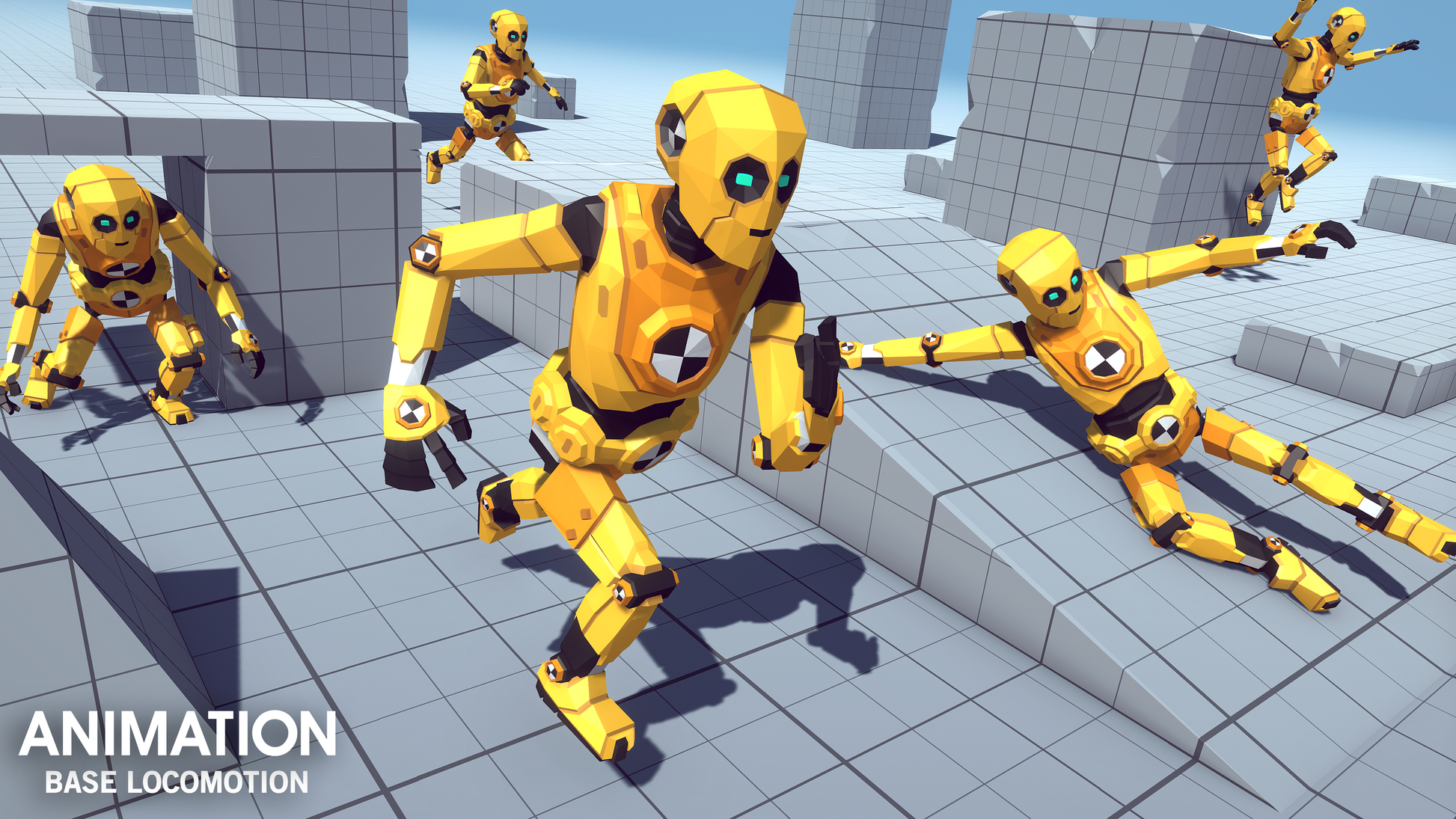 Base Locomotion character asset from Synty framed in different animated poses