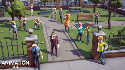 3D citizens displaying various animation sets from the ANIMATION Idles pack including animation files for yawning, eating, stretching, leaning and more.