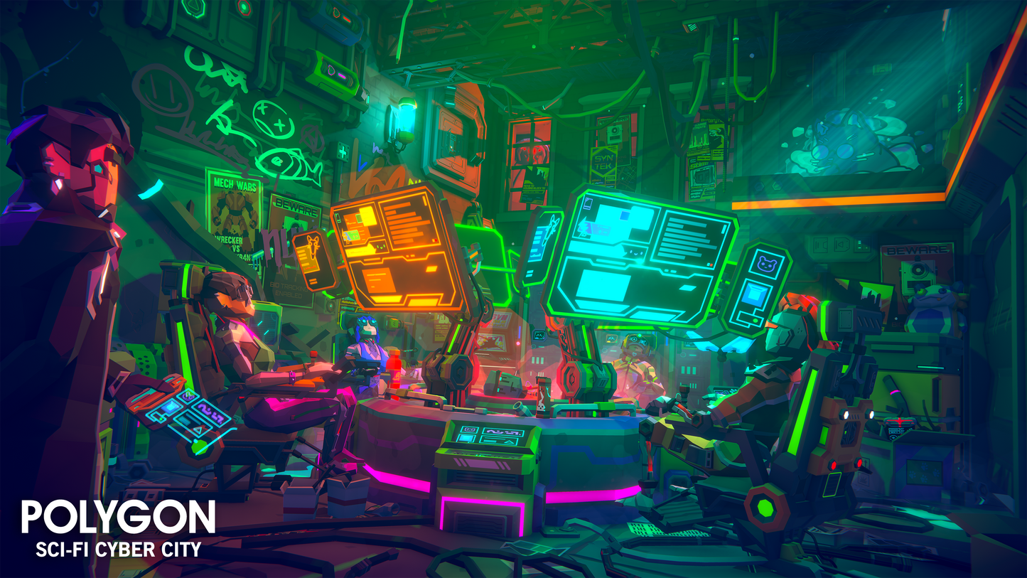 Low poly figures in recliner chairs looking up at screens in a neon lit control room with a character watching them holding a virtual tablet in their hand