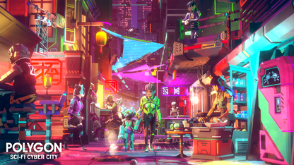 A neon lit futuristic city street with a mom holding her daughter's hand and they are walking amongst vendors and stalls