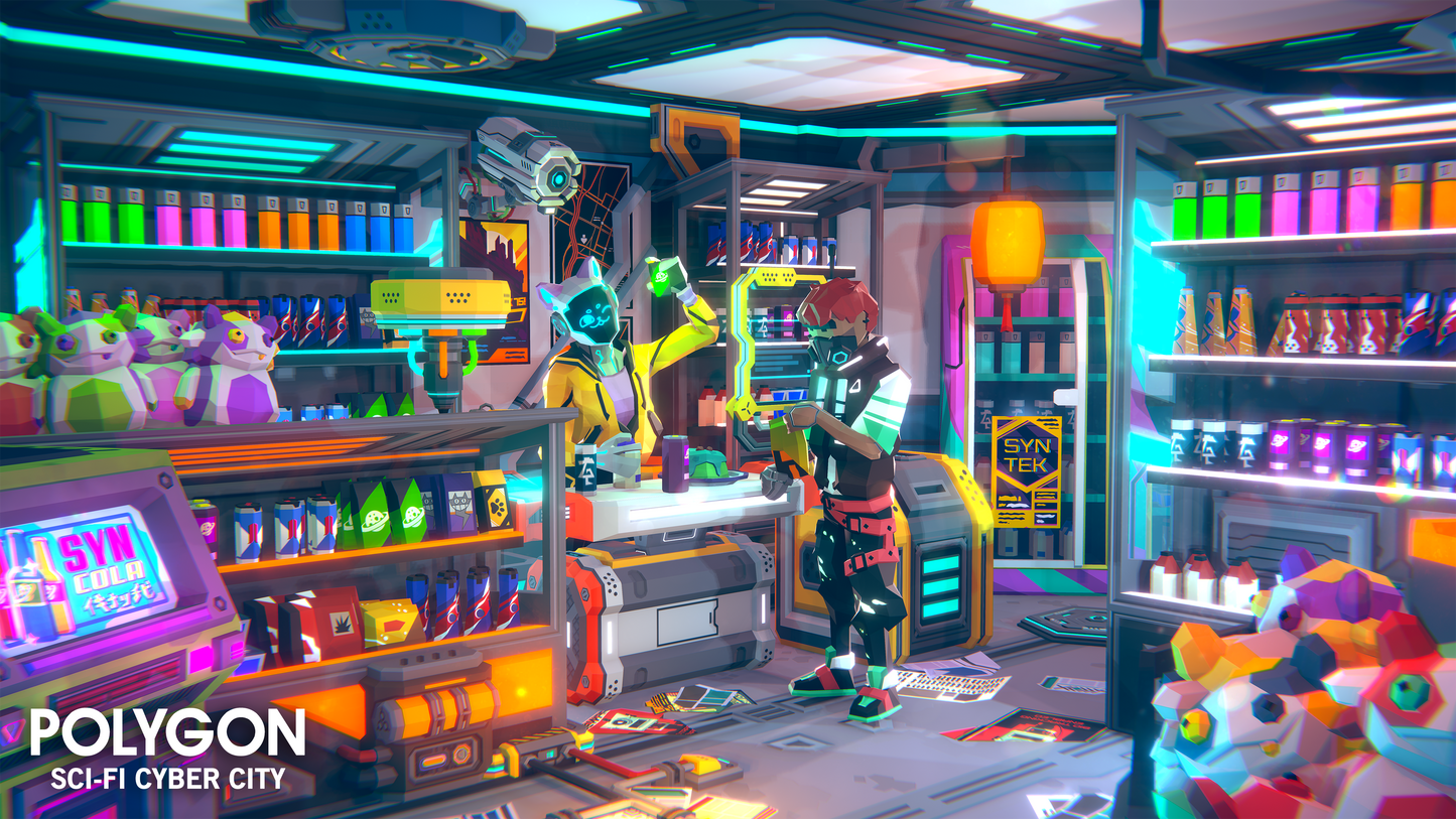 Sci-fi cyber city grocery store with someone ordering and a cat robot serving them