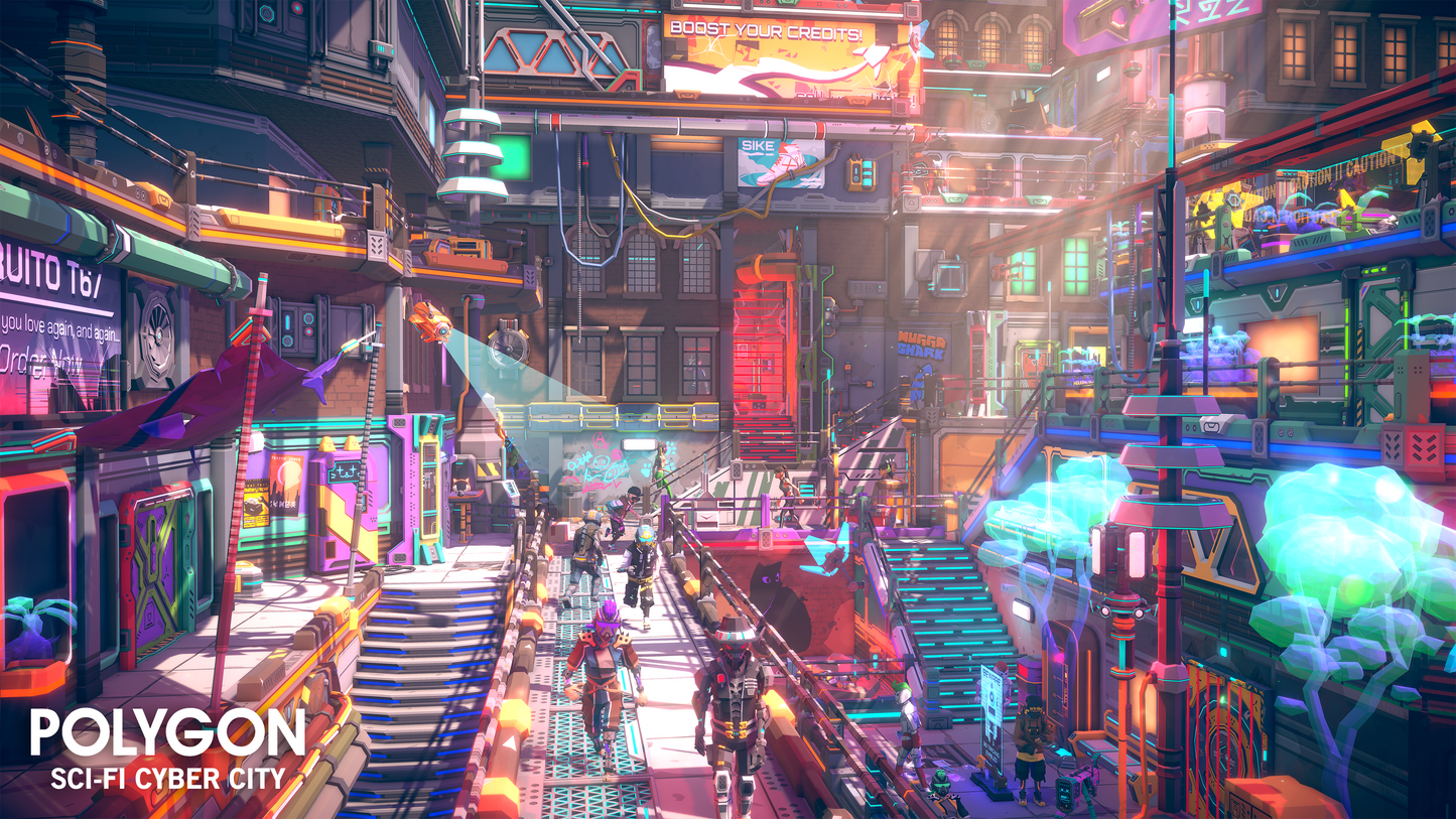 A gangway across a busy commercial area of a sci fi cyber city 