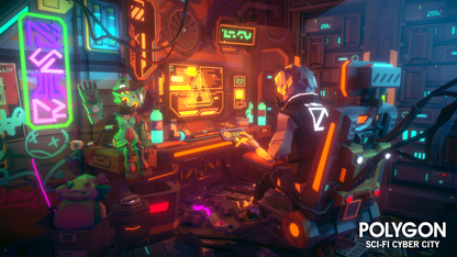 3D low poly character sitting in front of a futuristic computer and chair with multiple orange screens flashing warning indicators at them in their apartment