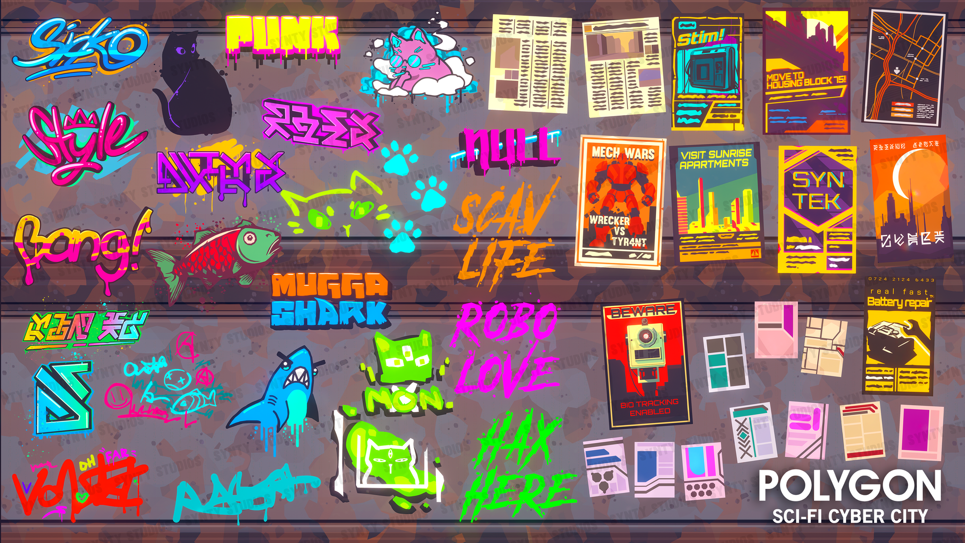 Graffiti and poster assets for customizing city areas