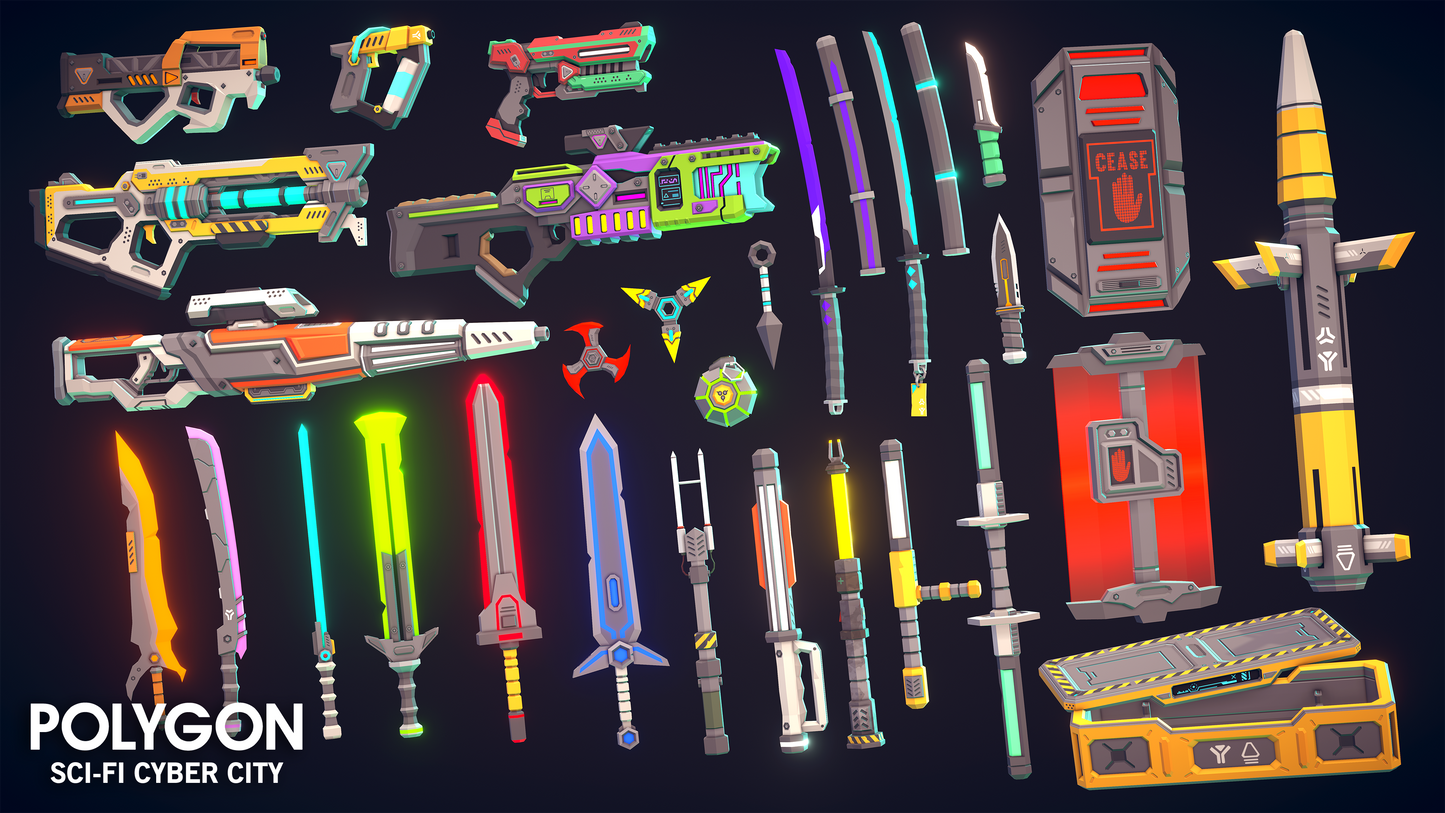 Sci Fi Cyber City weapon assets for game characters