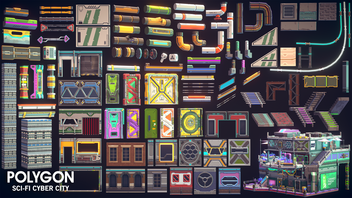 Doors, windows and other modular building assets for sci fi cyber city games