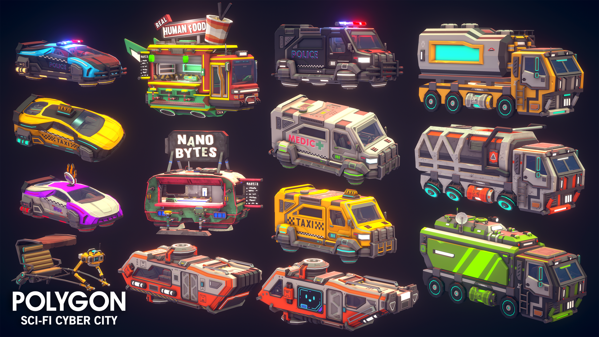 POLYGON Sci Fi Cyber City customizable vehicle game assets