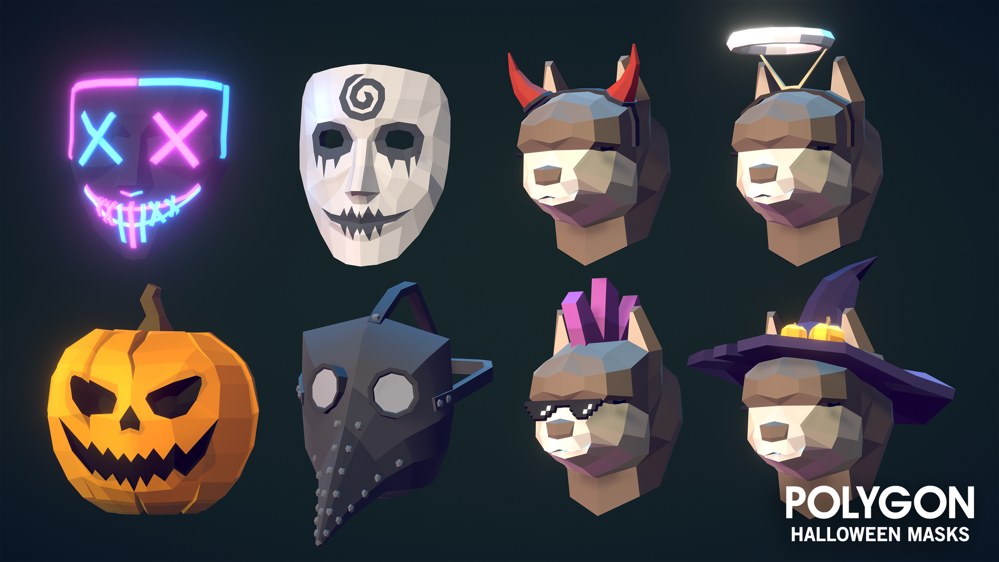 Halloween horror mask example assets from the free POLYGON Halloween Horror Masks pack