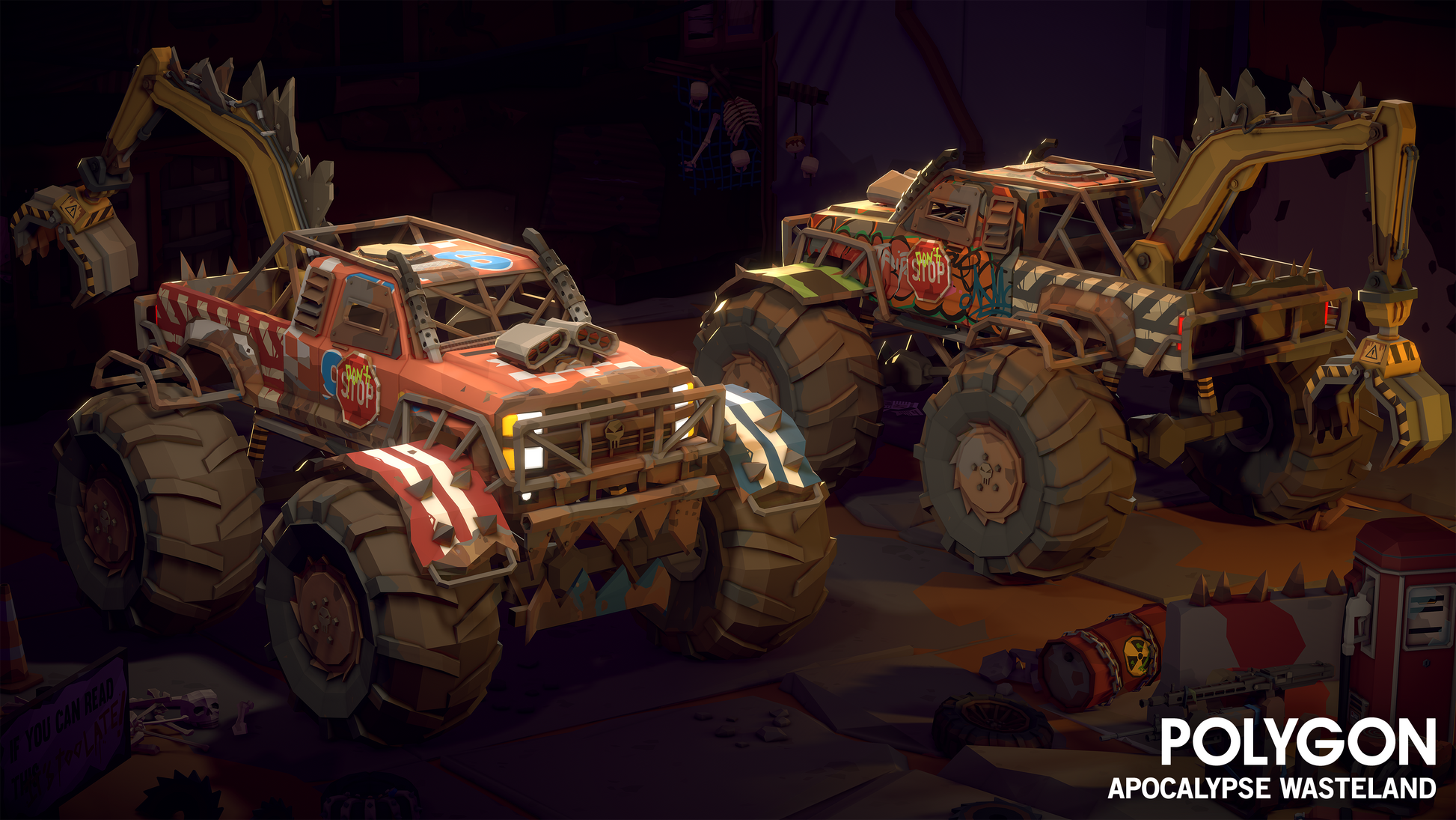 Two apocalyptic monster trucks