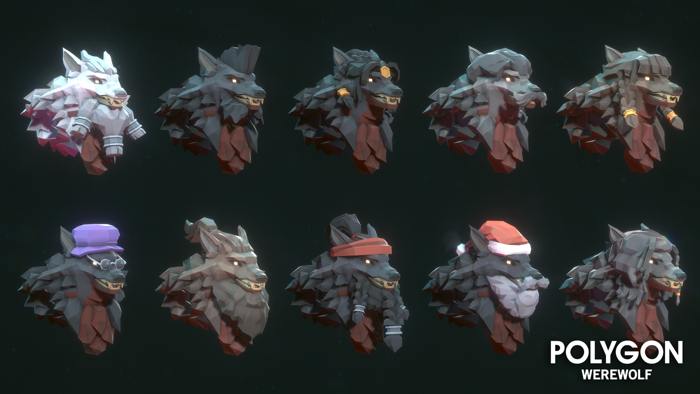 3D werewolf head asset with customisable equipment including bandana, glasses, santa hat and more