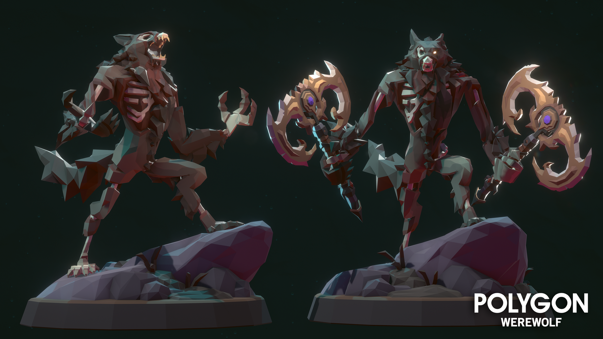 Two fully rigged werewolf characters with undead werewolf skin and axe weapon variations