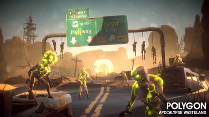 Glowing mutated zombies blocking a highway entrance that's been completely destroyed and covered in rusted cars and hung corpses from the sign posts