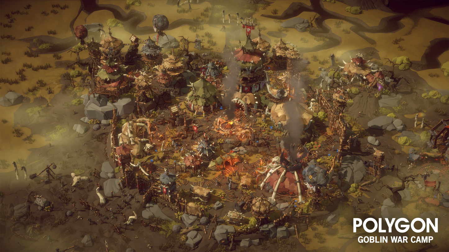 Aerial view of a large goblin war camp with fires burning and many goblins working in makeshift factories around the camp