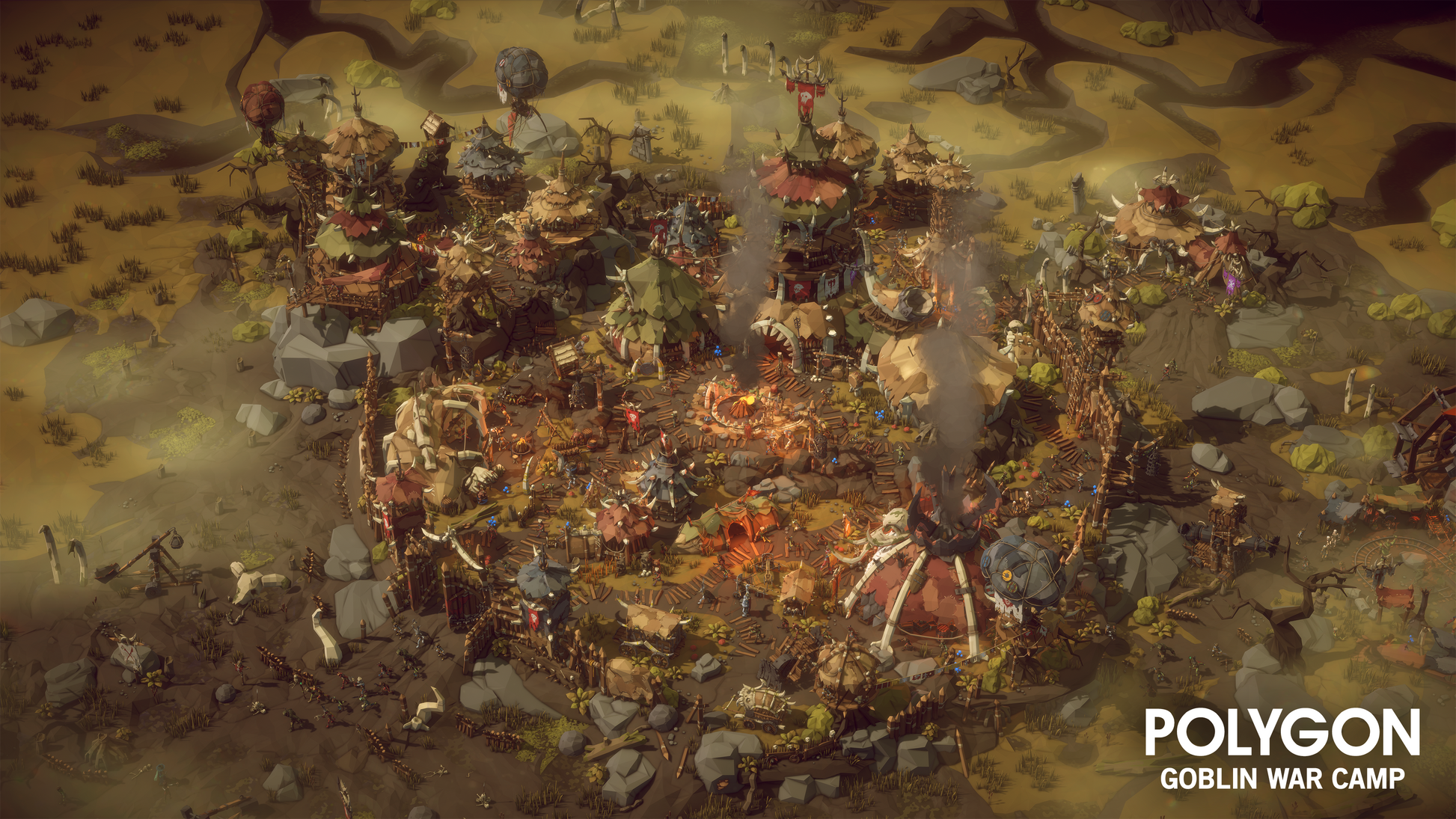 Aerial view of a large goblin war camp with fires burning and many goblins working in makeshift factories around the camp