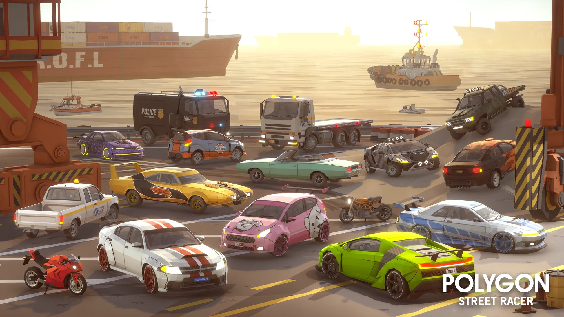 Group of street racing cars from the POLYGON Street Racer Pack parked on a harbour pier with ships in the ocean in the background