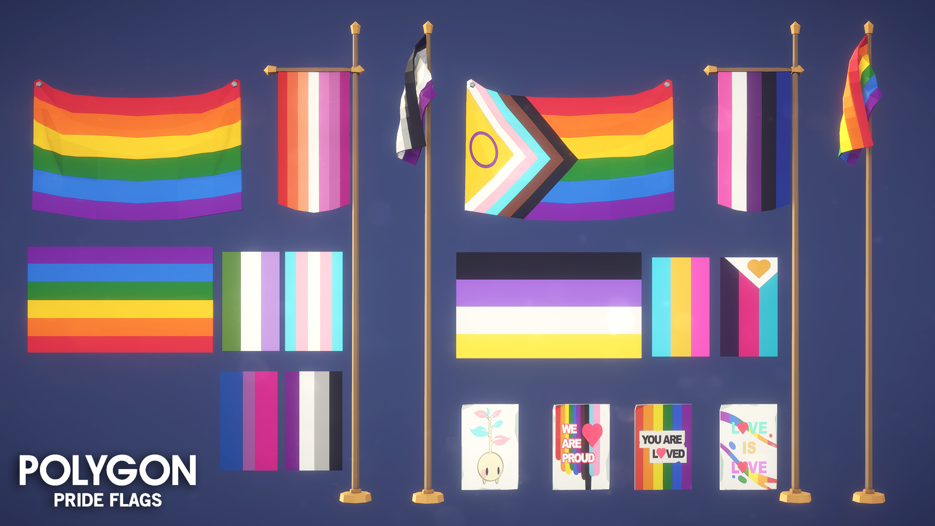 Low poly 3D pride flag game asset variations