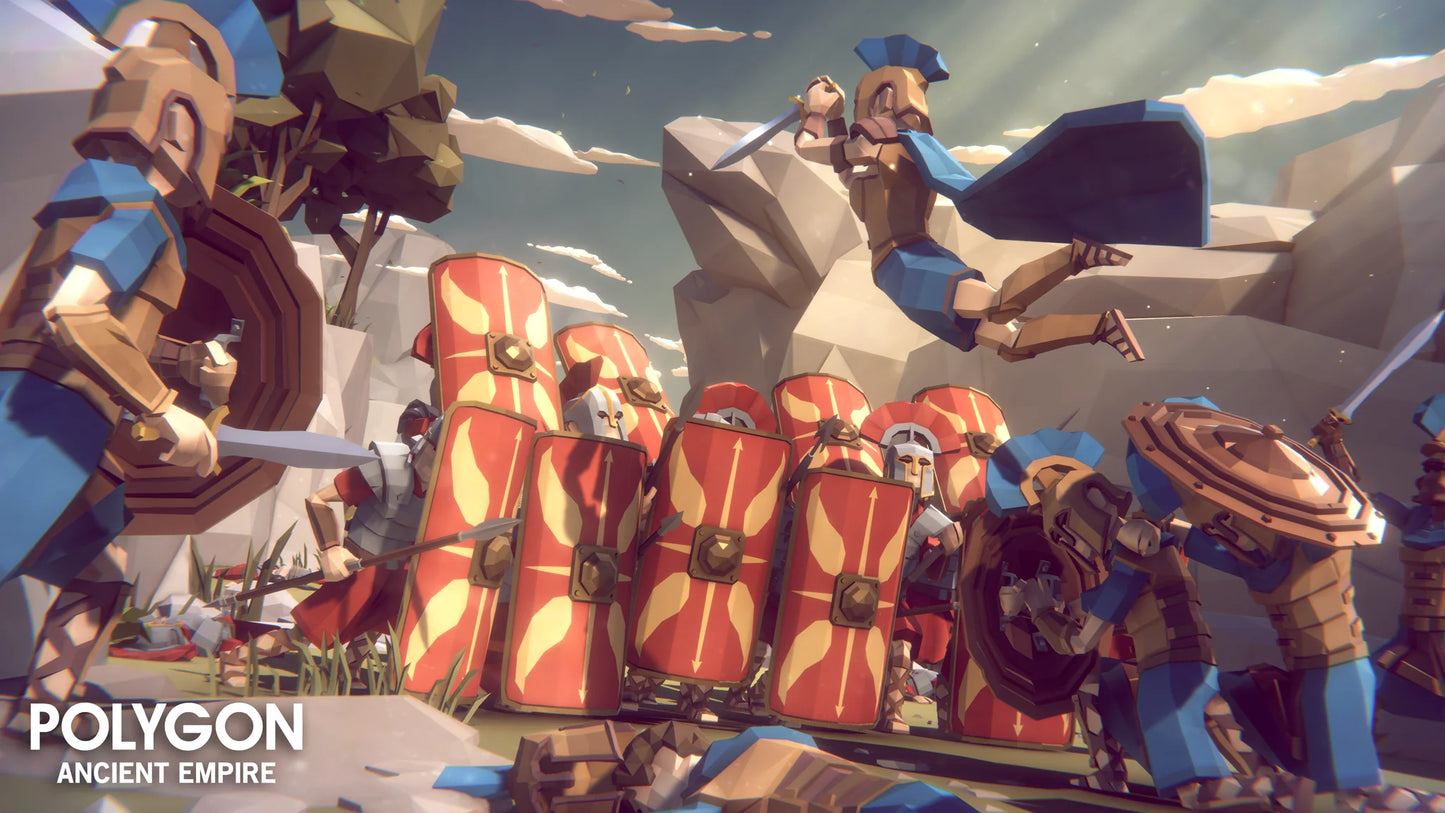 A low poly asset roman soldier diving in the air with a sword