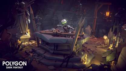 A skeleton with glowing green eyes climbing out of a well that was boarded up and pieces of wood are scattered around it