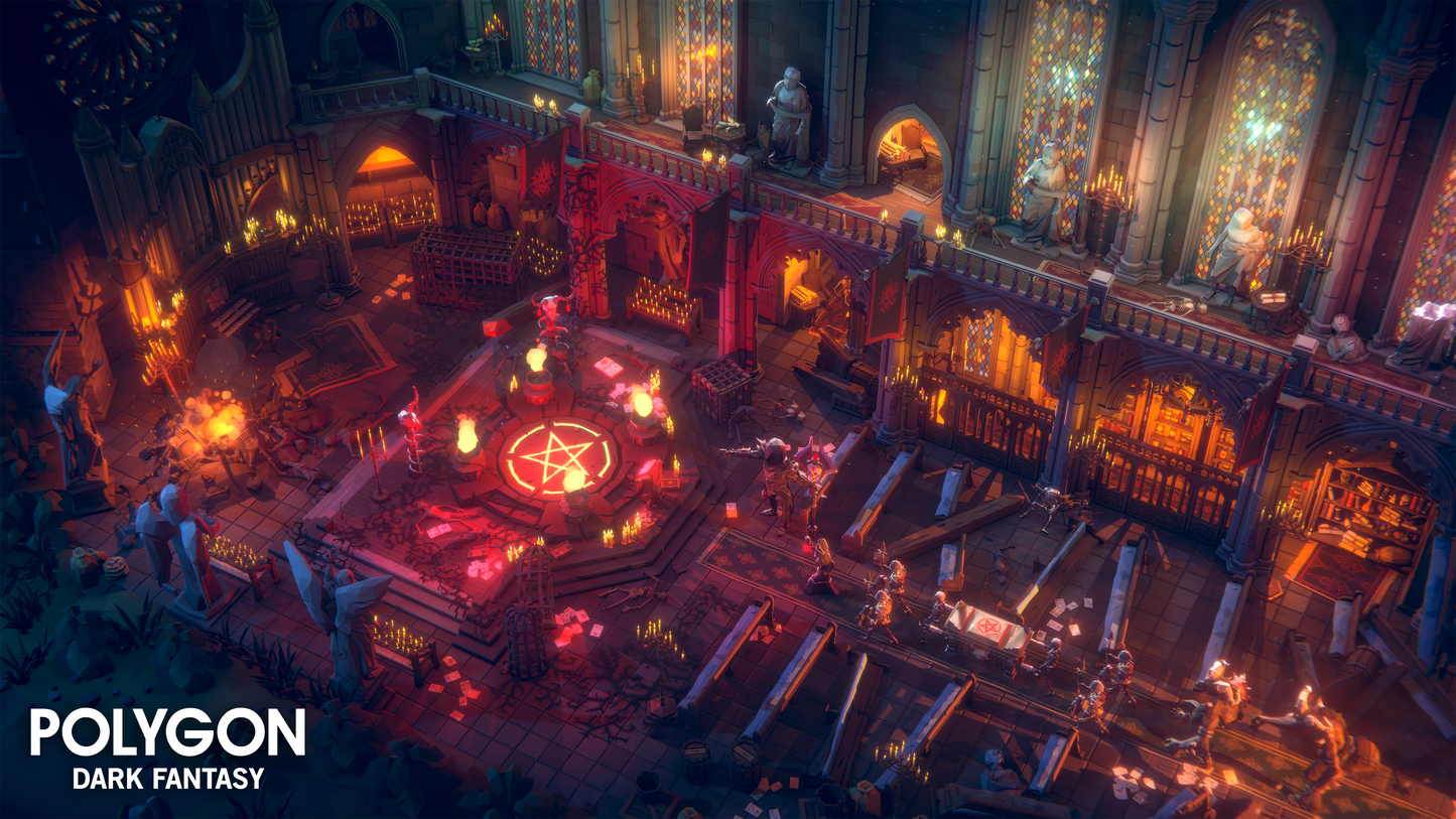 Aerial view of a dark fantasy temple interior with a ritual occuring in the middle of it