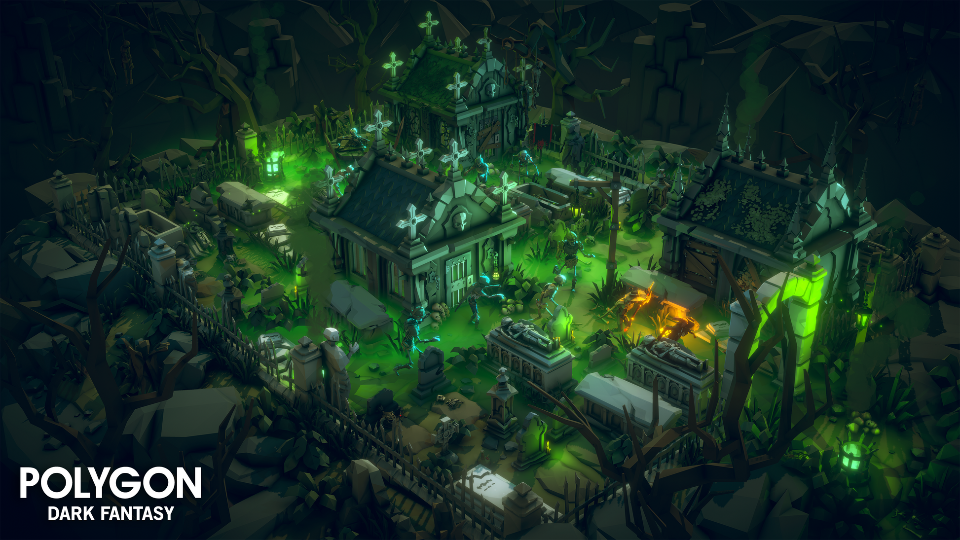 Aerial view of a dark fantasy cemetery glowing with green light and skeletons are rising out of their graves