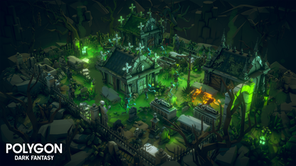 Aerial view of a dark fantasy cemetery glowing with green light and skeletons are rising out of their graves