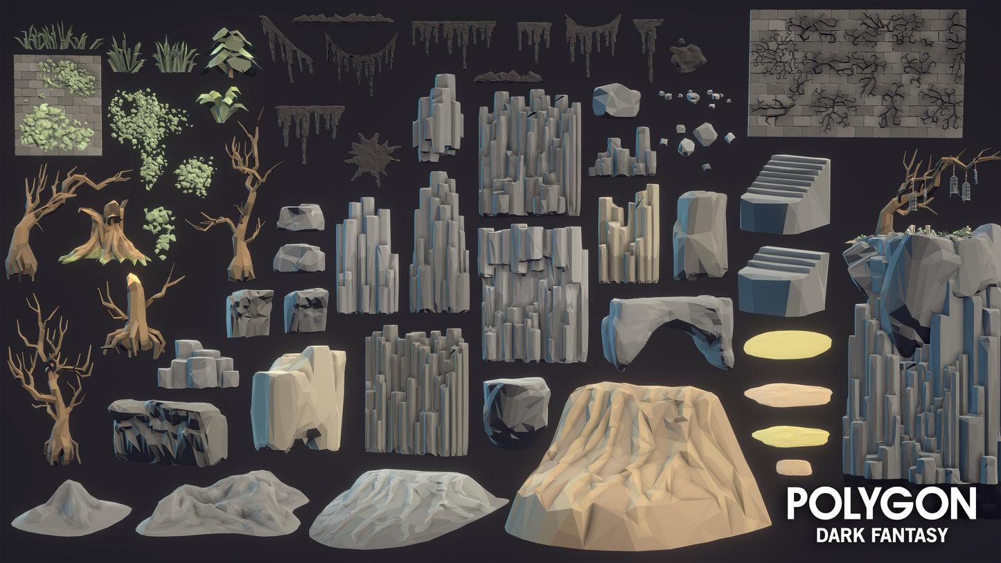 POLYGON Dark Fantasy 3D environment assets including trees, grass, mountain rocks and sand textures