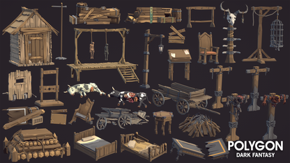 POLYGON Dark Fantasy 3D medieval village and town building assets including gallows, beds, outhouses, notice boards and pyres