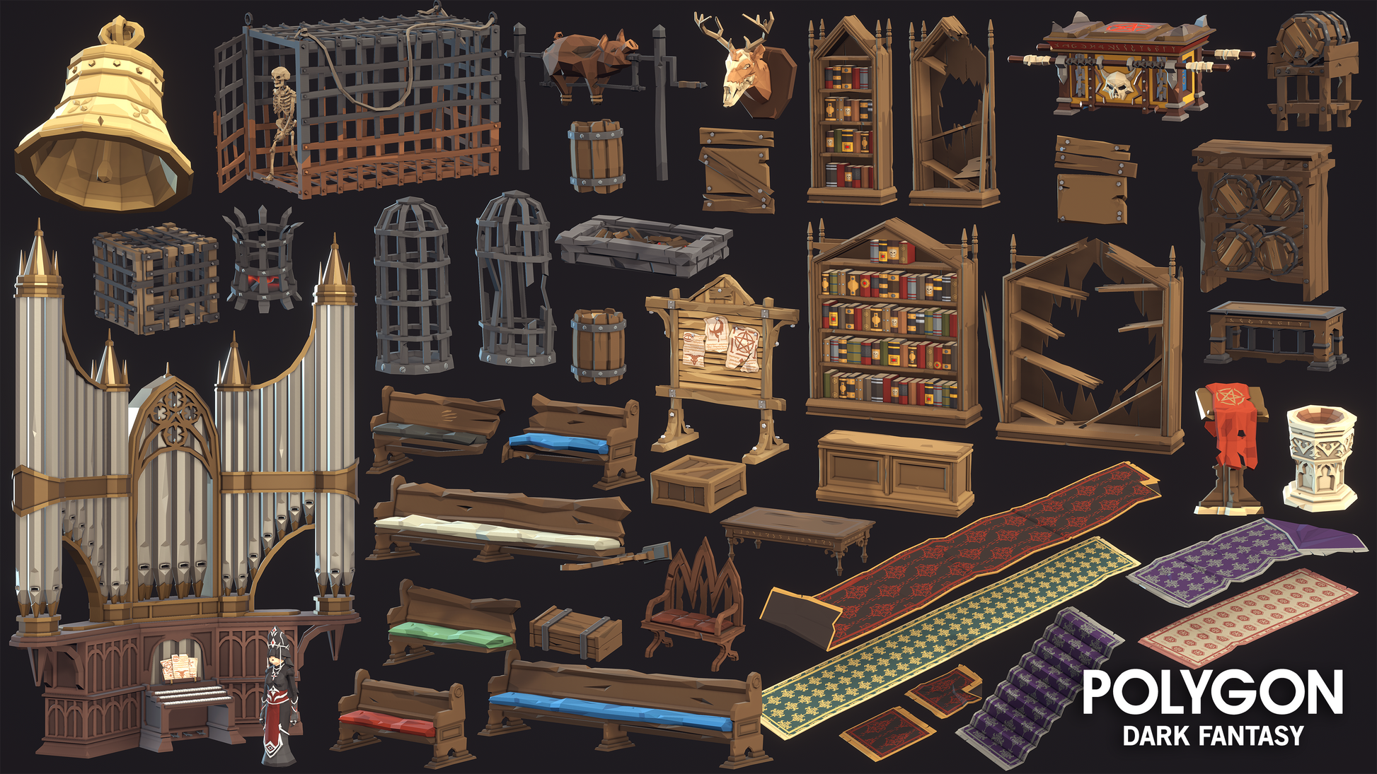 POLYGON Dark Fantasy 3D building and decoration assets inclding book shelves, pews, cabinets, church organs, bells and cages