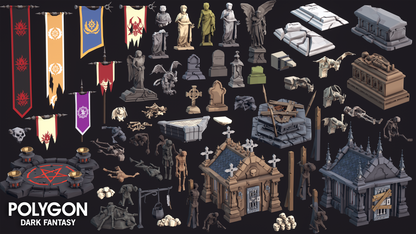 POLYGON Dark Fantasy 3D medieval buildings and prop assets including banners, crypts, tombs, statues and ruins