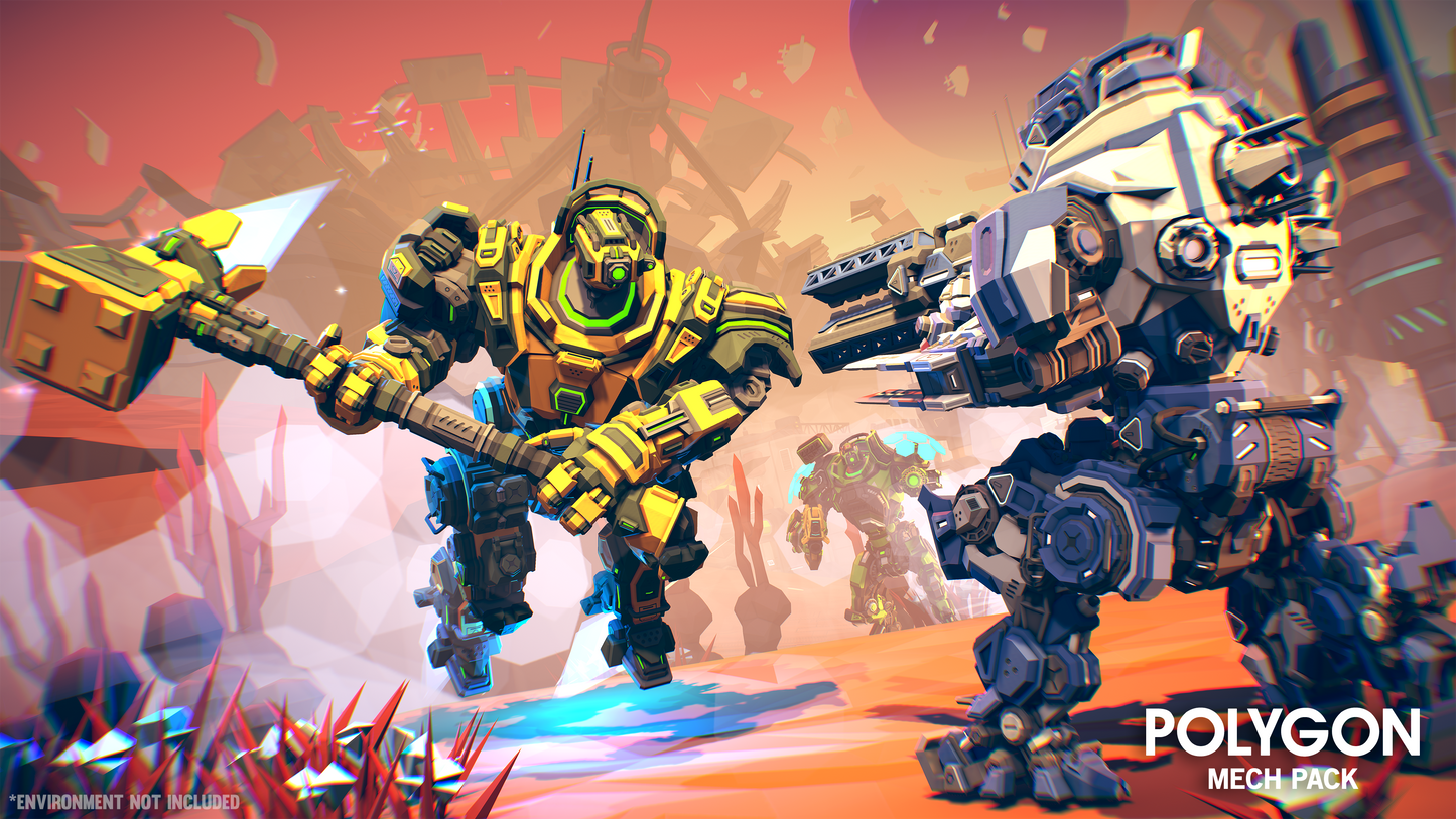 A yellow mech with a large hammer charges forward at another mech that is only equipped with ranged weaponry